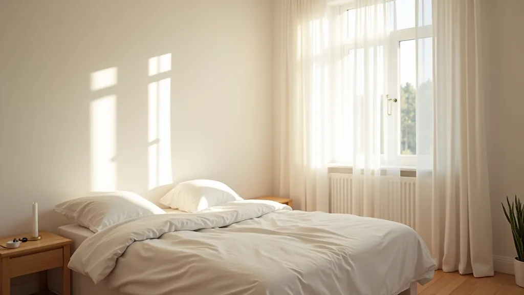 Modern minimalist bedroom with soft natural morning light streaming through linen curtains, creating warm shadows