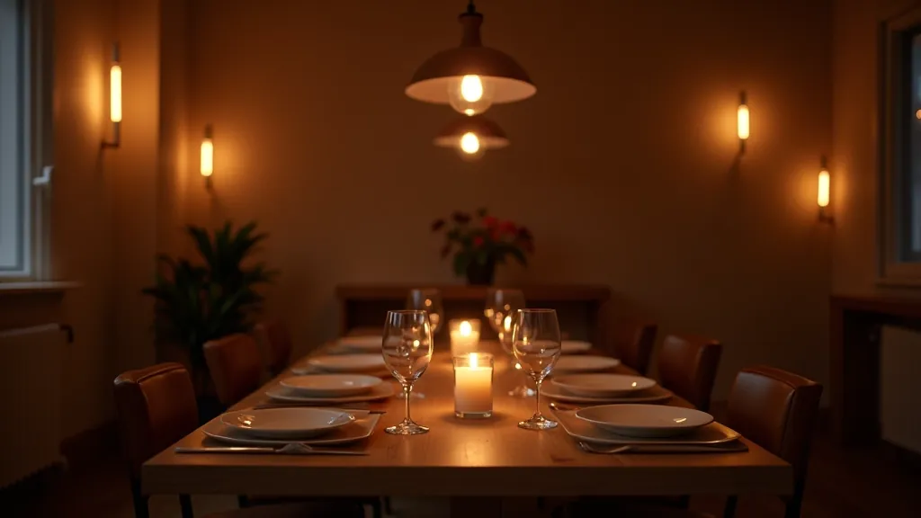 Dining room with warm layered lighting including pendant fixtures, wall sconces, and table lamps creating ambient mood