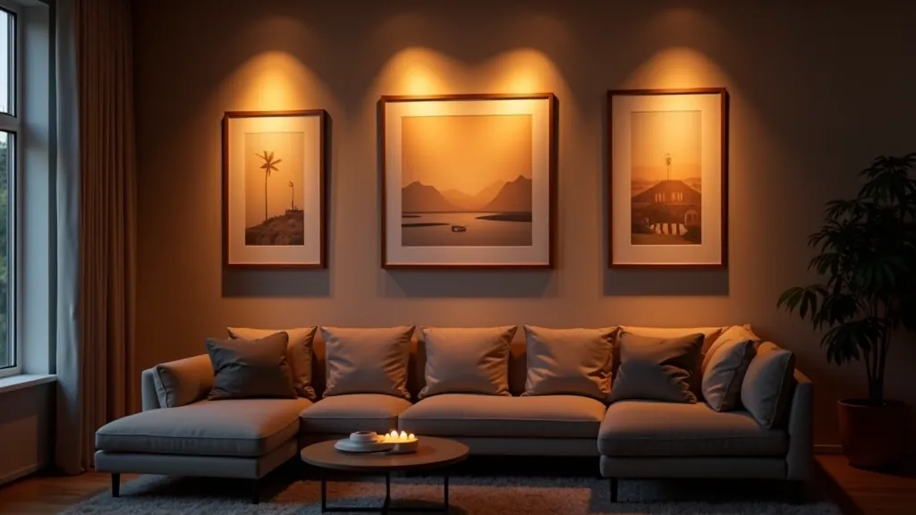 Gallery wall with accent lighting highlighting framed artwork and creating visual focal points in a modern home interior