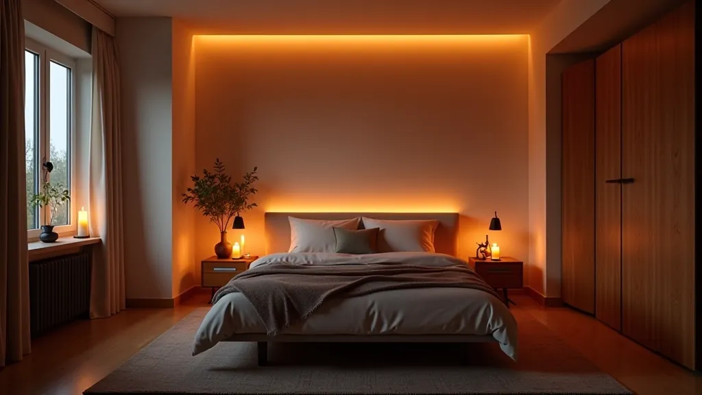 Bedroom with comprehensive layered lighting showing ambient ceiling lights, task bedside lamps, and accent wall lighting creating a complete lighting scheme