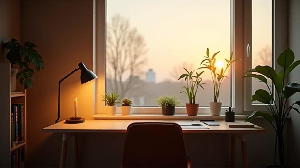 Home office workspace with balanced natural window light and warm task lighting on desk, creating productive yet comfortable environment