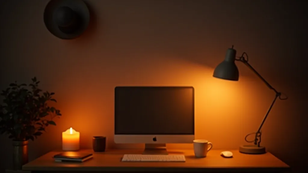 Workspace showing layered lighting with ambient ceiling light, focused desk lamp, and warm accent lighting creating depth and visual interest